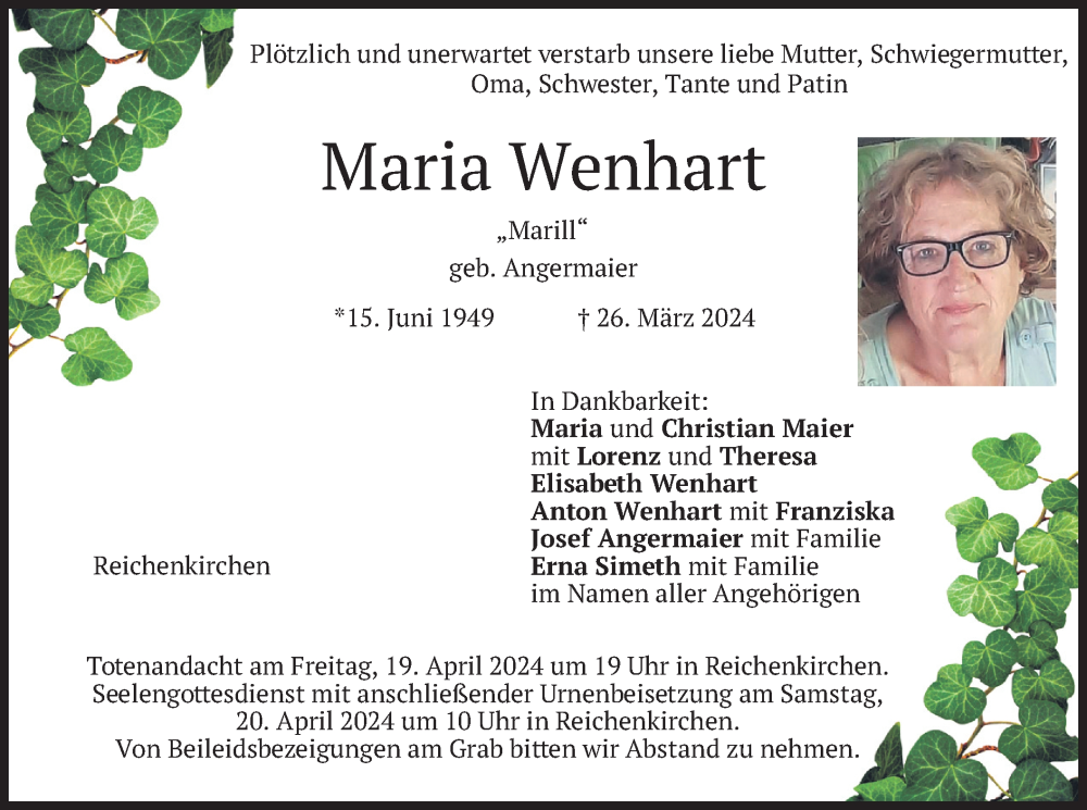  Traueranzeige für Maria Wenhart vom 18.04.2024 aus merkurtz