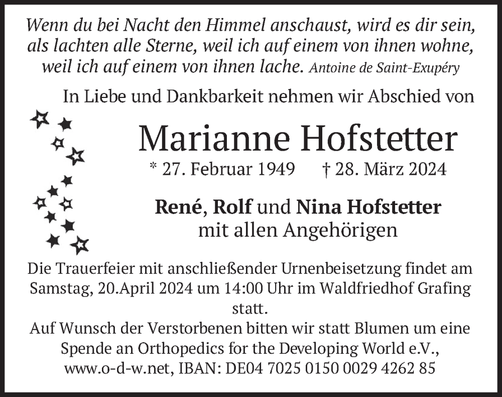  Traueranzeige für Marianne Hofstetter vom 13.04.2024 aus merkurtz