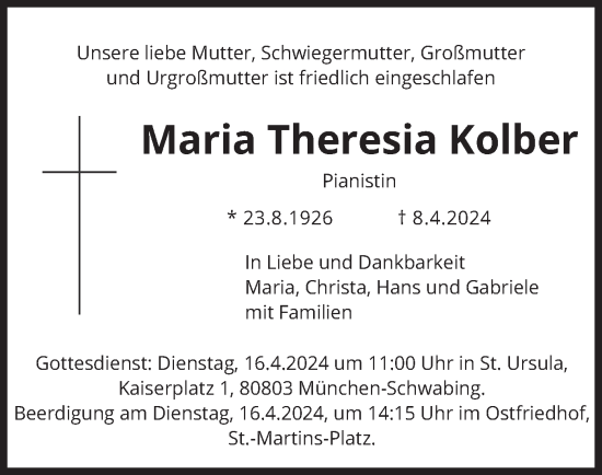 Traueranzeige von Maria Theresia Kolber von merkurtz