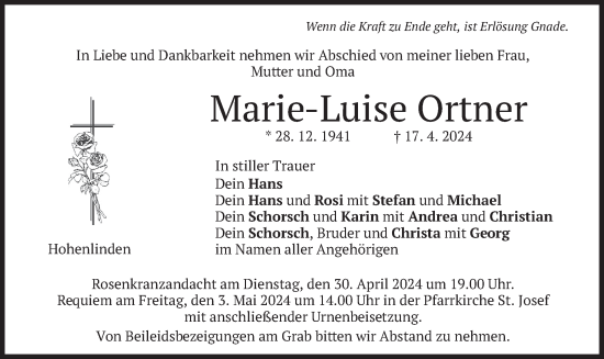 Traueranzeige von Marie-Luise Ortner von merkurtz