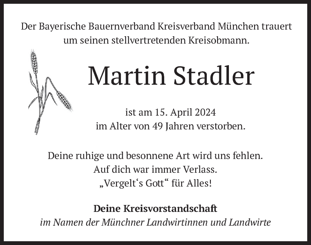  Traueranzeige für Martin Stadler vom 20.04.2024 aus merkurtz
