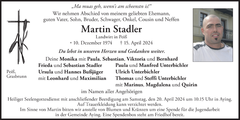  Traueranzeige für Martin Stadler vom 18.04.2024 aus merkurtz