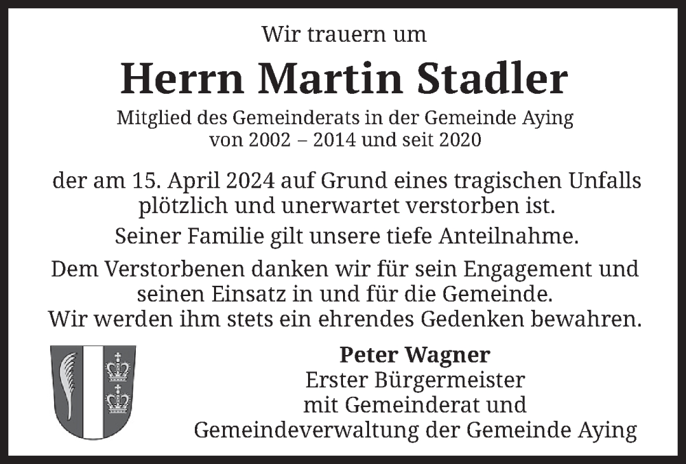  Traueranzeige für Martin Stadler vom 19.04.2024 aus merkurtz
