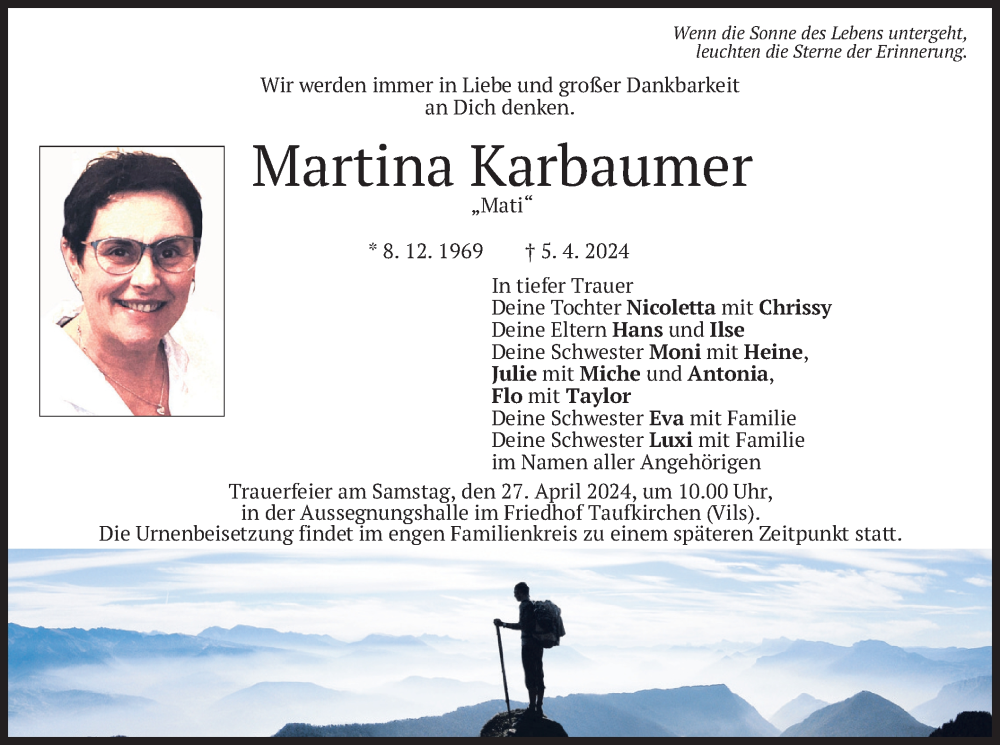  Traueranzeige für Martina Karbaumer vom 20.04.2024 aus merkurtz