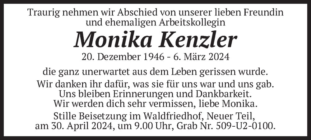  Traueranzeige für Monika Kenzler vom 20.04.2024 aus merkurtz