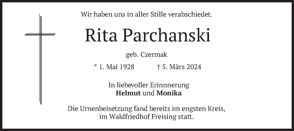  Traueranzeige für Rita Parchanski vom 13.04.2024 aus merkurtz