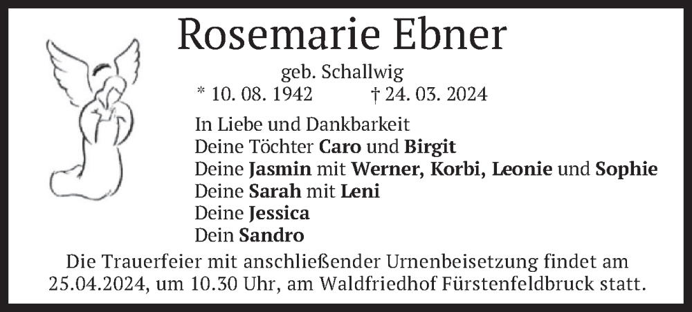  Traueranzeige für Rosemarie Ebner vom 13.04.2024 aus merkurtz