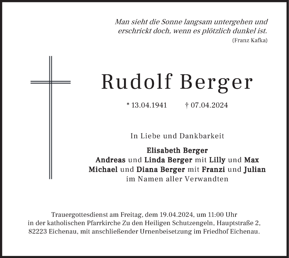 Traueranzeige für Rudolf Berger vom 13.04.2024 aus merkurtz