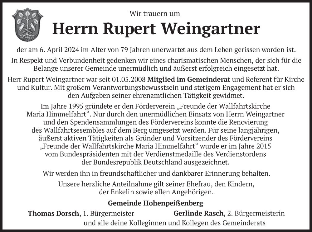  Traueranzeige für Rupert Weingartner vom 12.04.2024 aus merkurtz