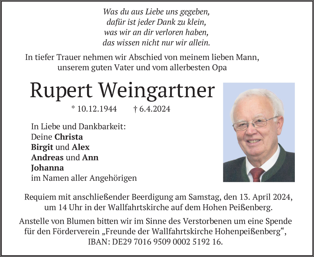  Traueranzeige für Rupert Weingartner vom 10.04.2024 aus merkurtz