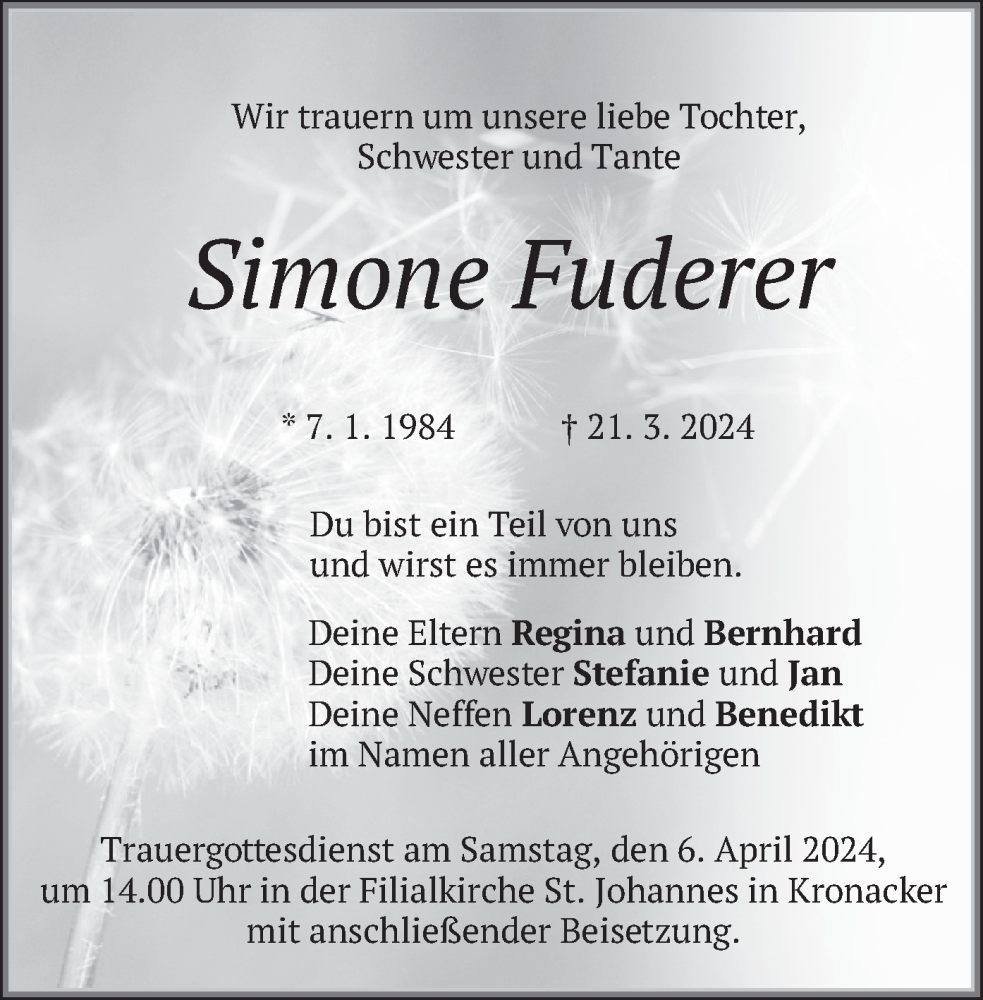  Traueranzeige für Simone Fuderer vom 03.04.2024 aus merkurtz