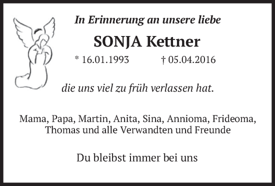 Traueranzeige von Sonja Kettner von merkurtz