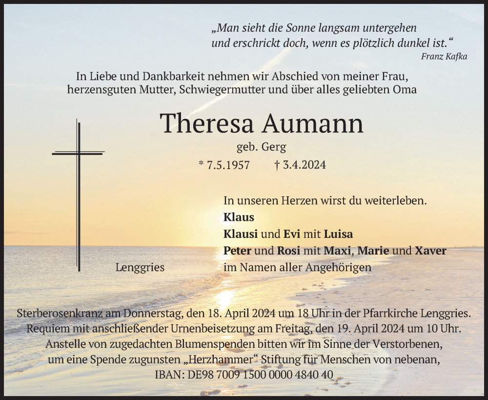  Traueranzeige für Theresa Aumann vom 16.04.2024 aus merkurtz