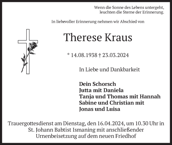 Traueranzeige von Therese Kraus von merkurtz