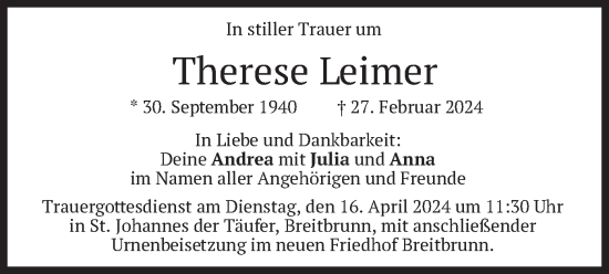 Traueranzeige von Therese Leimer von merkurtz