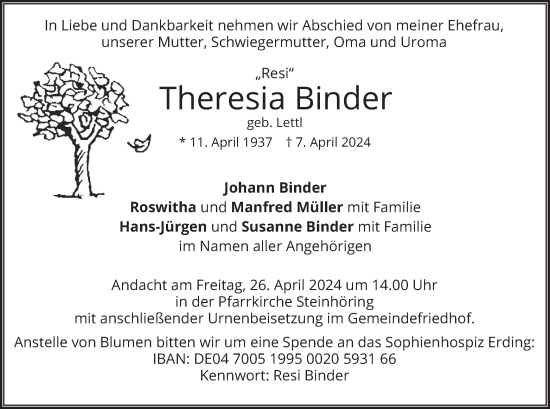 Traueranzeige von Theresia Binder von merkurtz