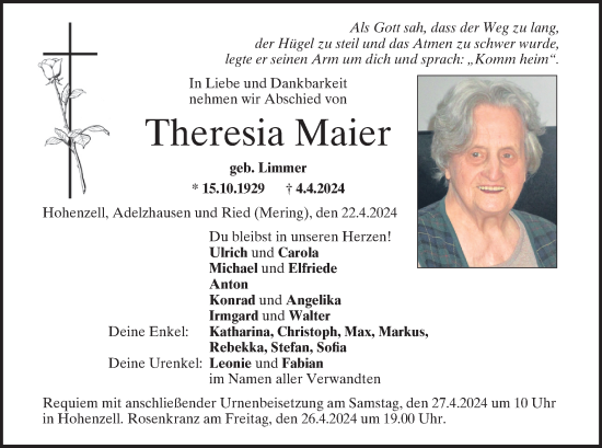 Traueranzeige von Theresia Maier von merkurtz