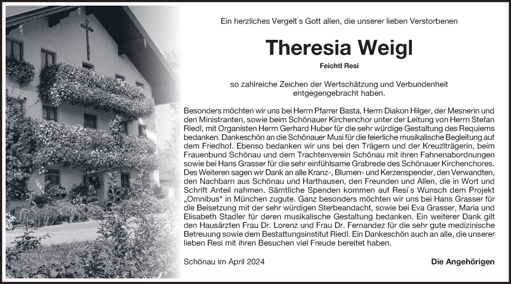  Traueranzeige für Theresia Weigl vom 13.04.2024 aus merkurtz