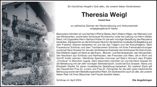 Traueranzeige von Theresia Weigl von merkurtz
