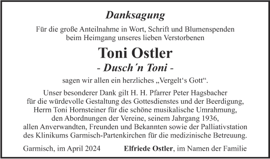Traueranzeige von Toni Ostler von merkurtz