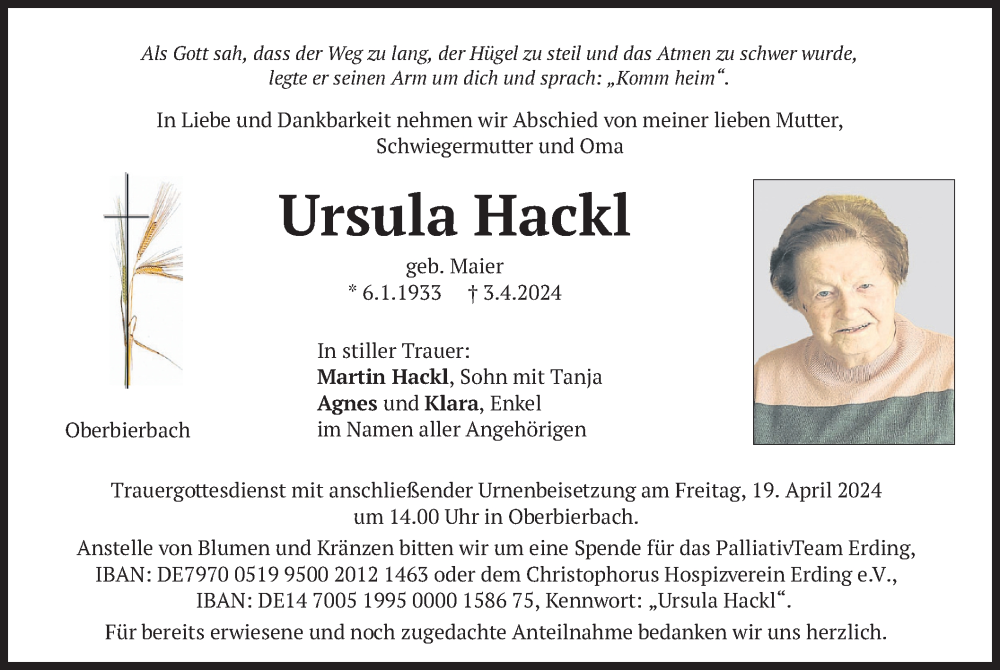  Traueranzeige für Ursula Hackl vom 16.04.2024 aus merkurtz
