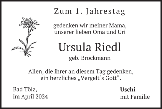 Traueranzeige von Ursula Riedl von merkurtz