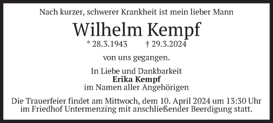 Traueranzeige von Wilhelm Kempf von merkurtz