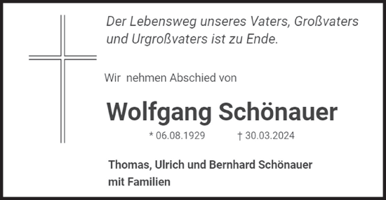 Traueranzeige von Wolfgang Schönauer von merkurtz