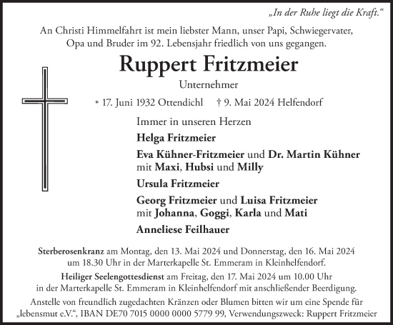 Traueranzeige von Ruppert Fritzmeier von MERKURTZ