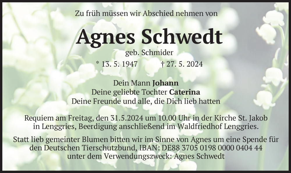  Traueranzeige für Agnes Schwedt vom 29.05.2024 aus merkurtz