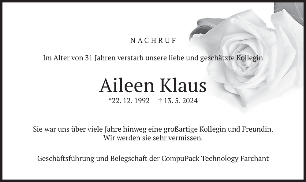  Traueranzeige für Aileen Klaus vom 18.05.2024 aus merkurtz