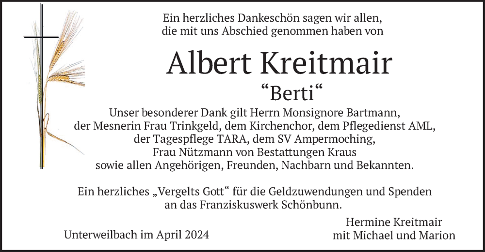  Traueranzeige für Albert Kreitmair vom 18.05.2024 aus merkurtz
