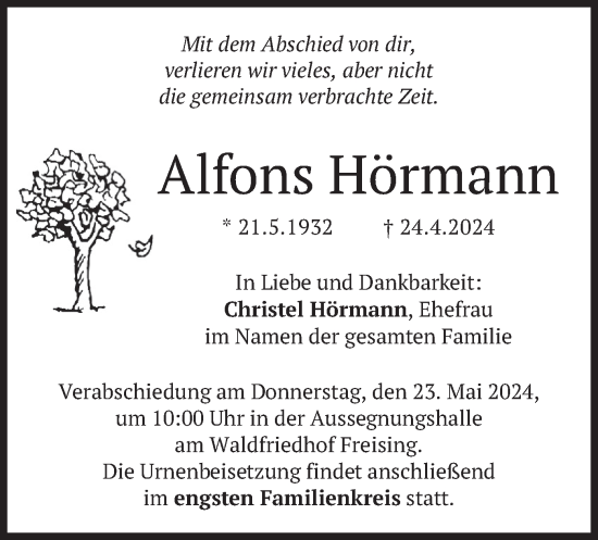 Traueranzeige von Alfons Hörmann von merkurtz