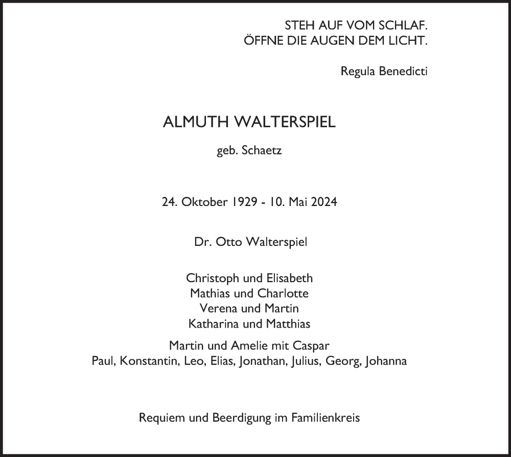  Traueranzeige für Almuth Walterspiel vom 18.05.2024 aus merkurtz