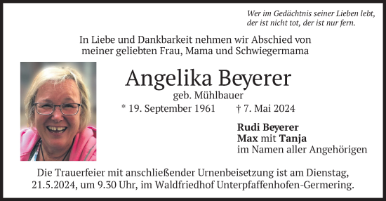 Traueranzeige von Angelika Beyerer von merkurtz