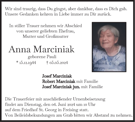 Traueranzeige von Anna Marciniak von merkurtz