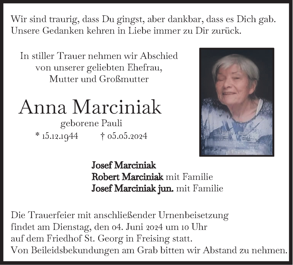  Traueranzeige für Anna Marciniak vom 25.05.2024 aus merkurtz