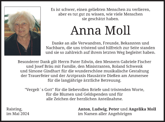 Traueranzeige von Anna Moll von merkurtz