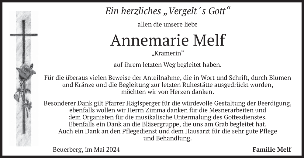  Traueranzeige für Annemarie Melf vom 18.05.2024 aus merkurtz