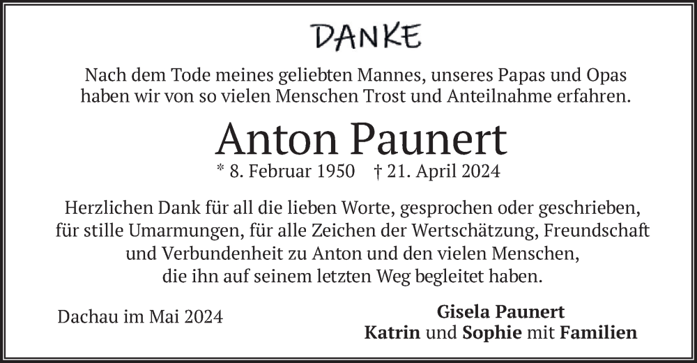  Traueranzeige für Anton Paunert vom 18.05.2024 aus merkurtz