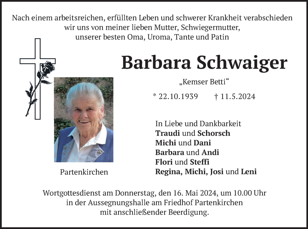  Traueranzeige für Barbara Schwaiger vom 14.05.2024 aus merkurtz