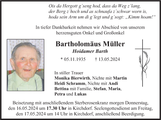 Traueranzeige von Bartholomäus Müller von merkurtz