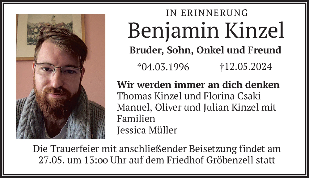  Traueranzeige für Benjamin Kinzel vom 18.05.2024 aus merkurtz