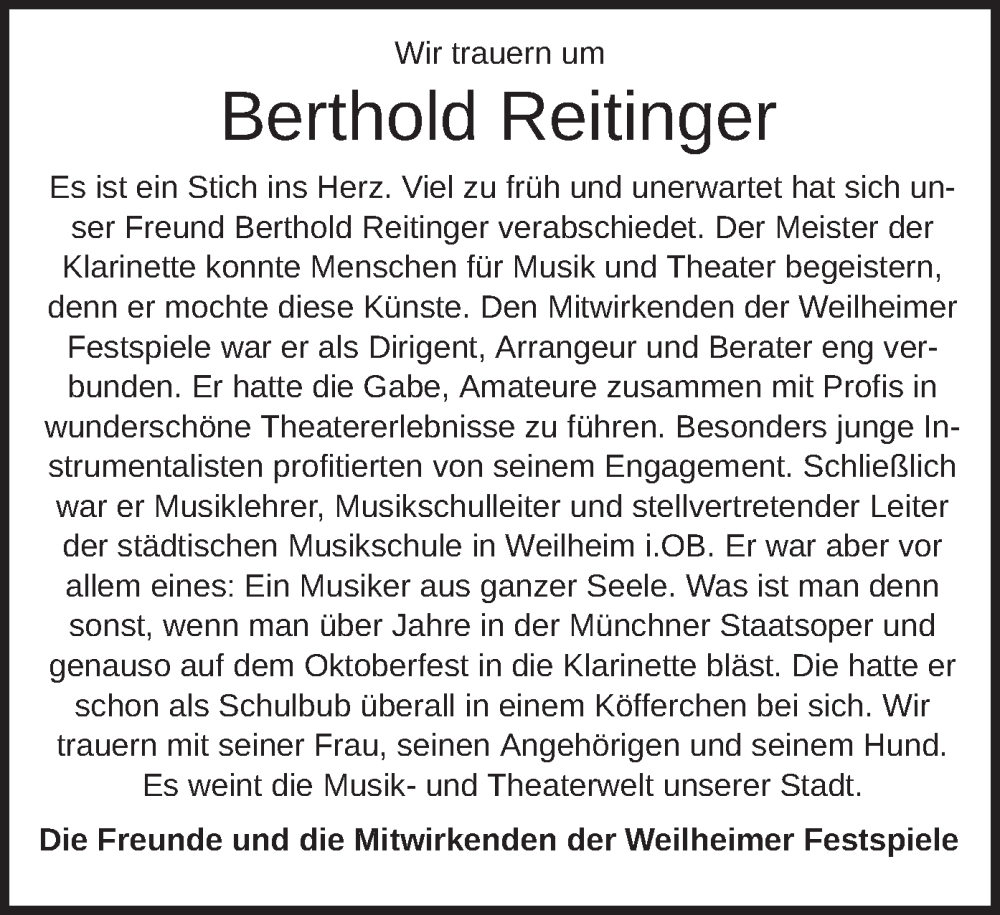  Traueranzeige für Berthold Reitinger vom 07.05.2024 aus merkurtz