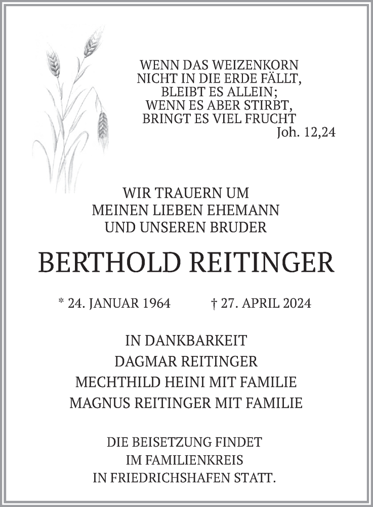  Traueranzeige für Berthold Reitinger vom 08.05.2024 aus merkurtz