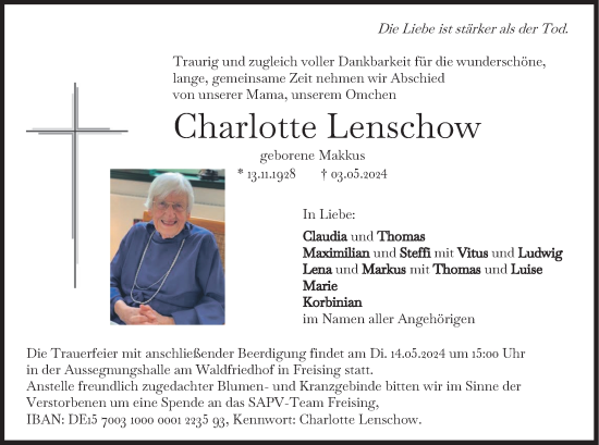 Traueranzeige von Charlotte Lenschow von merkurtz