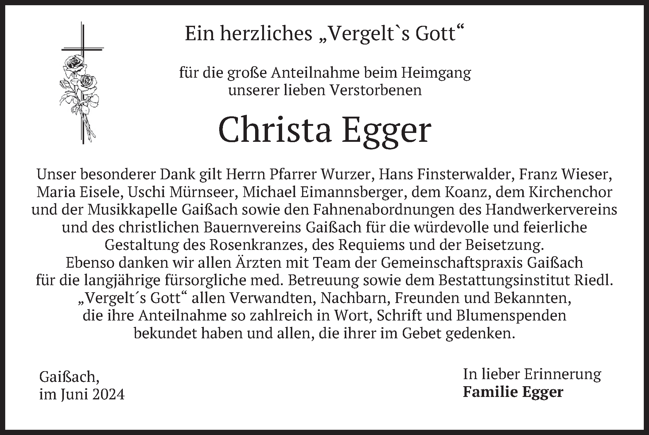  Traueranzeige für Christa Egger vom 01.06.2024 aus merkurtz