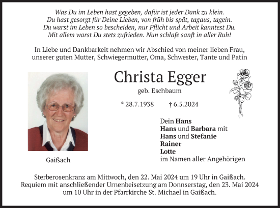 Traueranzeige von Christa Egger von merkurtz