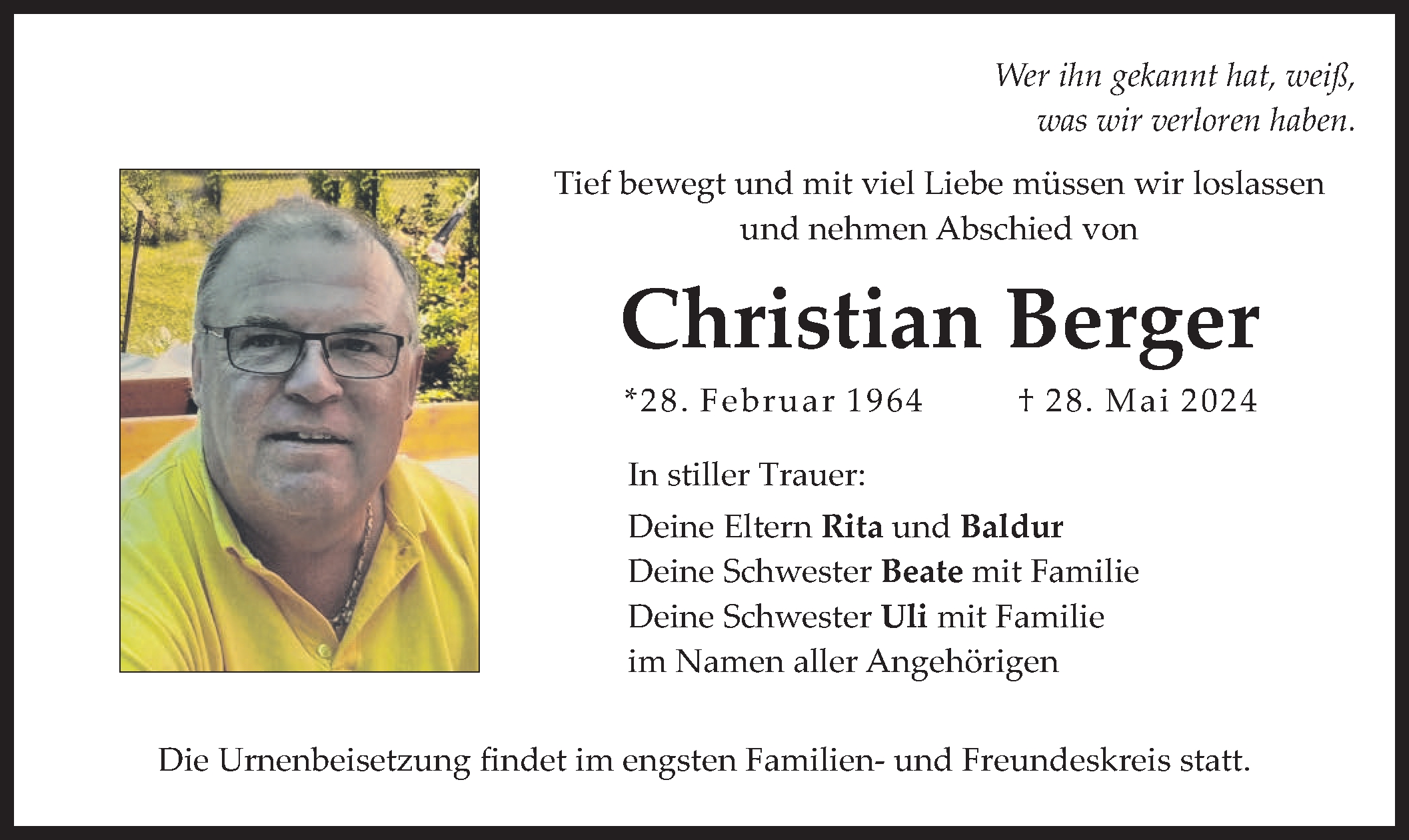  Traueranzeige für Christian Berger vom 01.06.2024 aus merkurtz