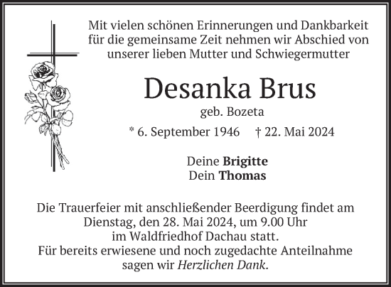 Traueranzeige von Desanka Brus von merkurtz